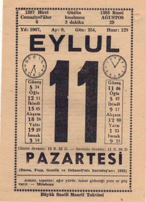 11 Eylül 1967 Takvim Yaprağı EFM(N)3611 - 1
