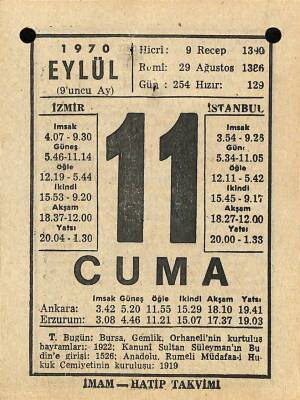 11 Eylül 1970 Takvim Yaprağı - Doğum Günü Hediyesi EFM(N)9887 - 1