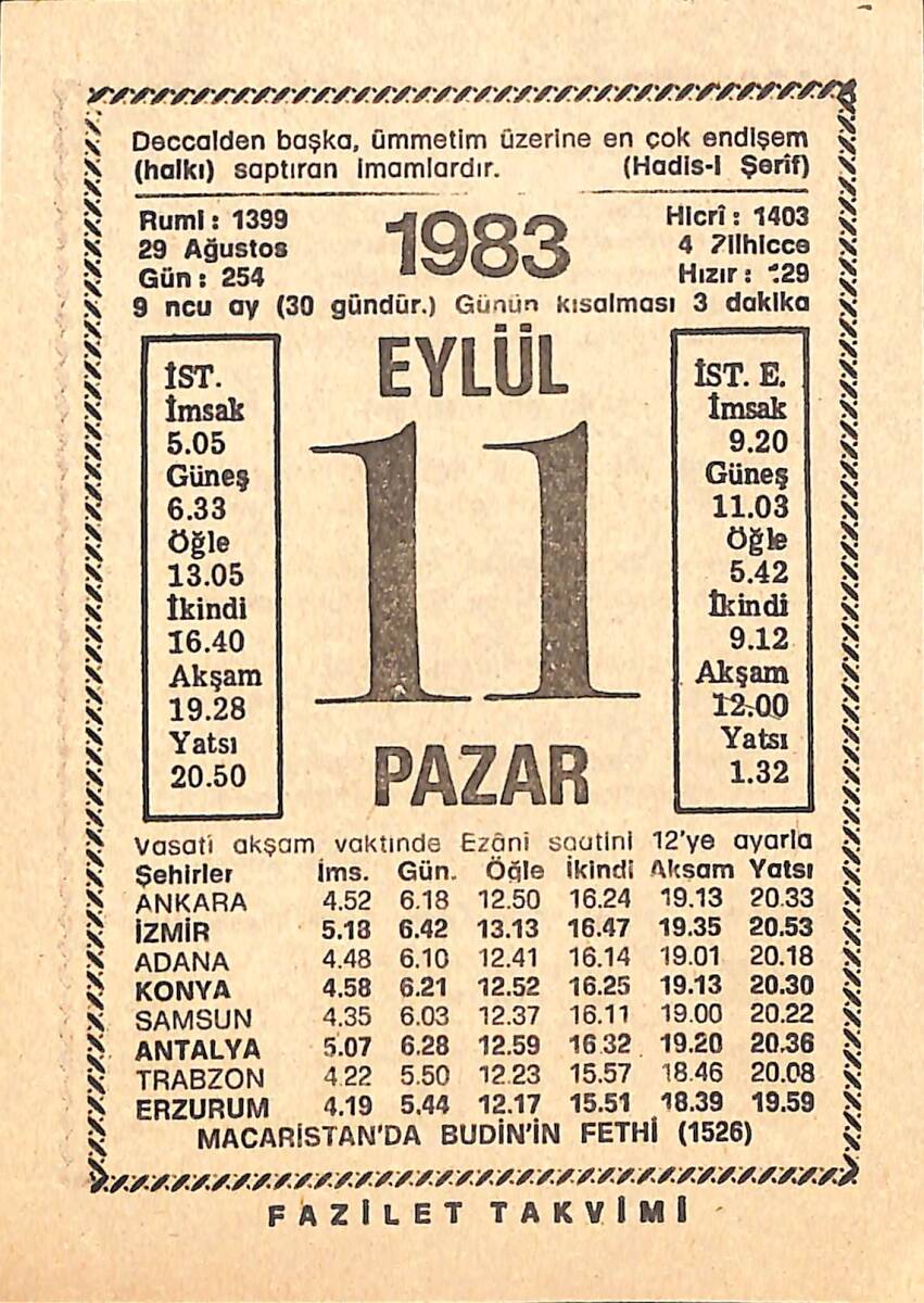 11 Eylül 1983 Takvim Yaprağı - Doğum Günü Hediyesi EFMN15415 - 1