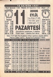 11 Eylül 2006 Takvim Yaprağı - Doğum Günü Hediyesi EFMN15841 - Gökçekoleksiyon