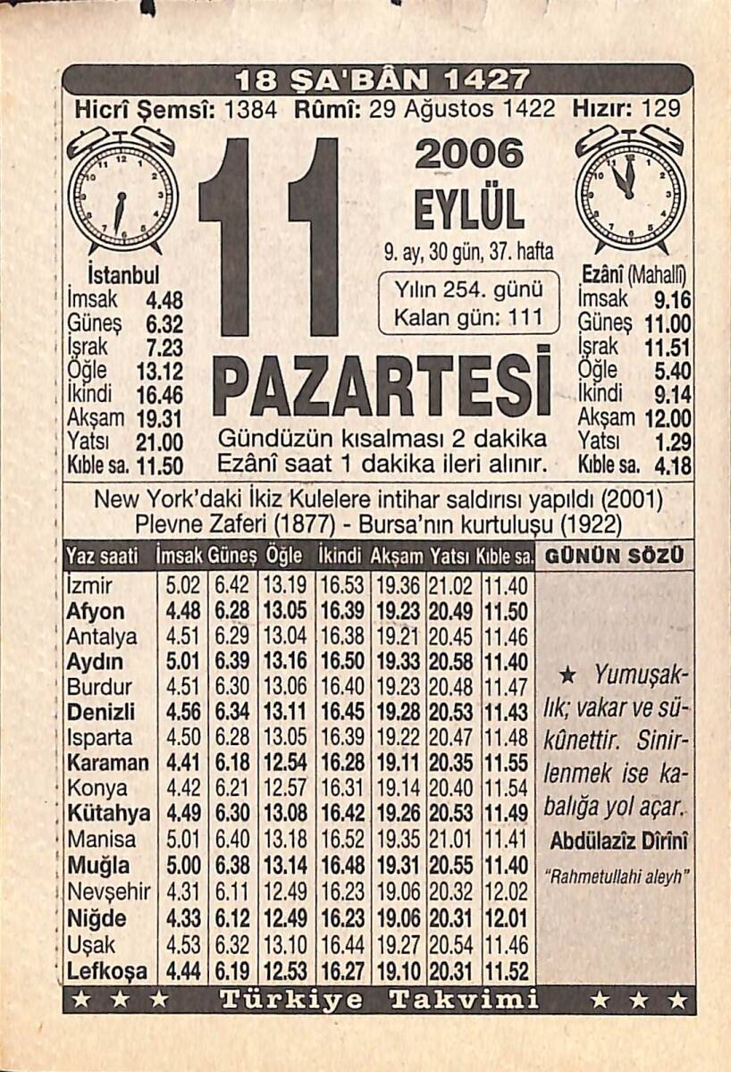 11 Eylül 2006 Takvim Yaprağı - Doğum Günü Hediyesi EFMN15841 - 1