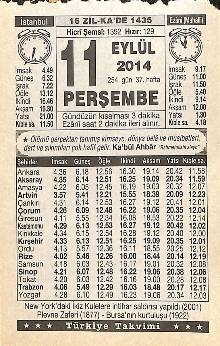 11 Eylül 2014 Takvim Yaprağı - Doğum Günü Hediyesi EFMN14301 - 1