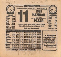 11 Haziran 1995 Takvim Yaprağı - Doğum Günü Hediyesi EFMN15457 - Gökçekoleksiyon