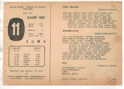 11 Kasım 1960 Ajans Türk Takvim Yaprağı (Şiirli Saatli) EFM(N) 1777 - 3