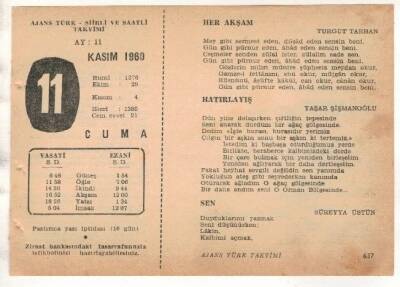 11 Kasım 1960 Ajans Türk Takvim Yaprağı (Şiirli Saatli) EFM(N) 1777 - 2