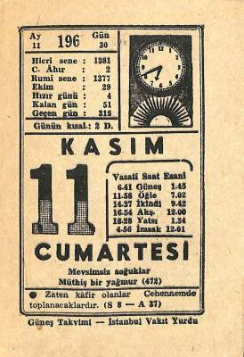 11 Kasım 1961 Takvim Yaprağı - Doğum Günü Hediyesi EFM(N)11240 - 1