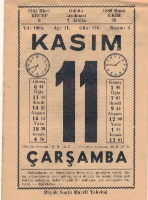 11 Kasım 1964 Takvim Yaprağı EFM(N)3673 - 3