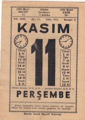 11 Kasım 1965 Takvim Yaprağı EFM(N)3672 - 1