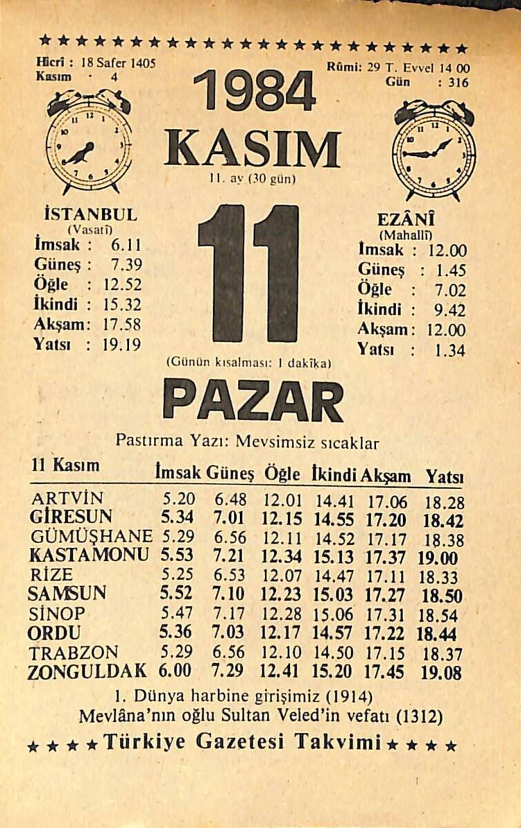 11 Kasım 1984 Takvim Yaprağı - Doğum Günü Hediyesi EFMN14541 - 1