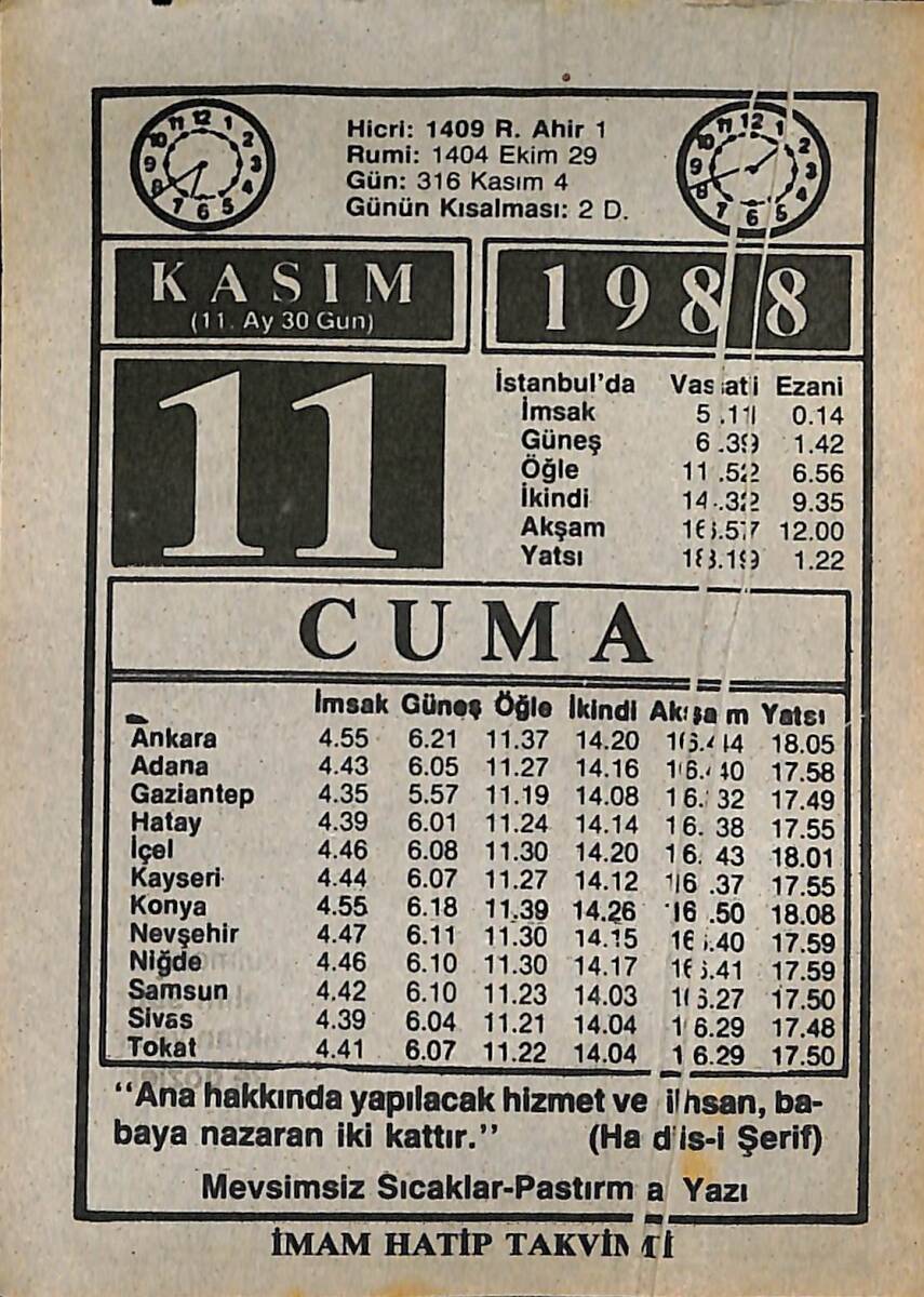11 Kasım 1988 Takvim Yaprağı - Doğum Günü Hediyesi EFMN14619 - 1