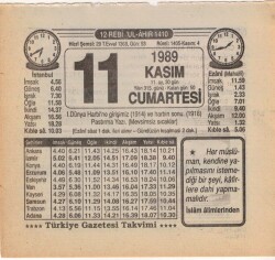 11 Kasım 1989 Takvim Yaprağı EFM(N)3471 - 3
