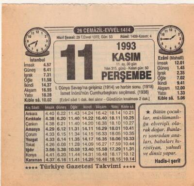 11 Kasım 1993 Takvim Yaprağı EFM(N)3865 - 3