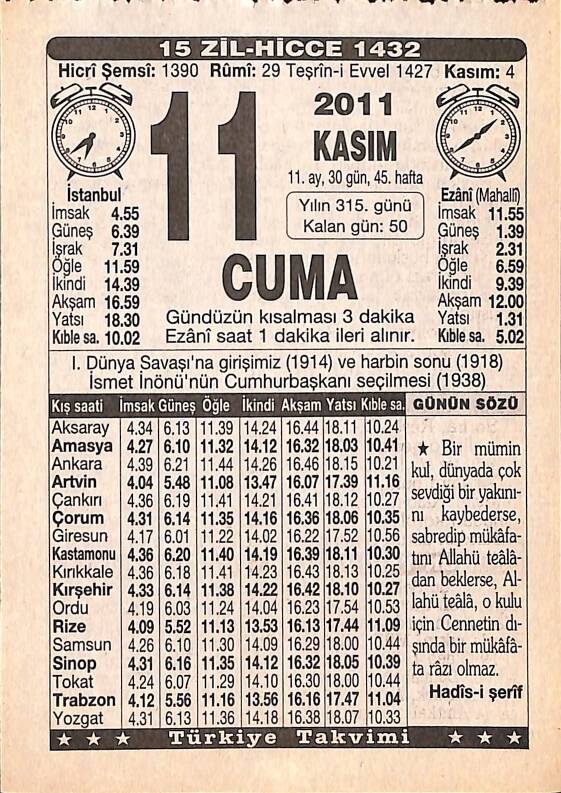 11 Kasım 2011 Takvim Yaprağı - Doğum Günü Hediyesi EFMN15278 - 1