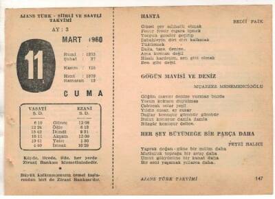 11 Mart 1960 Ajans Türk Takvim Yaprağı (Şiirli Saatli) EFM(N)1538 - 4
