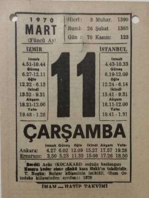 11 Mart 1970 Takvim Yaprağı - Doğum Günü Hediyesi EFM(N)7955 - 1