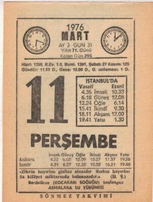 11 Mart 1976 Takvim Yaprağı EFM(N)5952 - 1