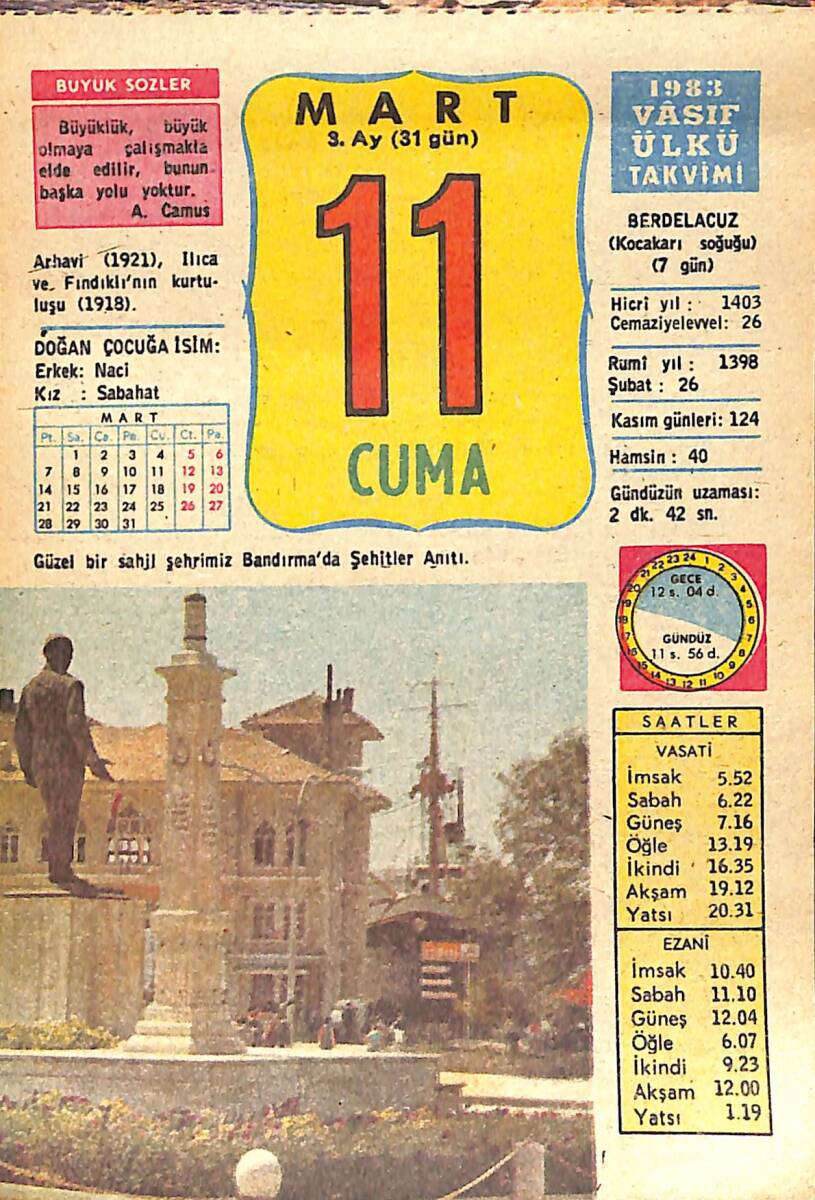 11 Mart 1983 Takvim Yaprağı - Doğum Günü Hediyesi EFMN15040 - 1