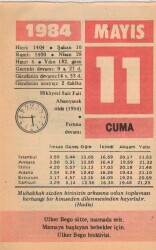 11 Mayıs 1984 Takvim Yaprağı EFM(N)6220 - Gökçekoleksiyon