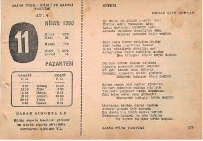 11 Nisan 1960 Ajans Türk Takvim Yaprağı (Şiirli Saatli) EFM(N)1568 - 1