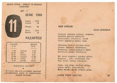 11 Ocak 1960 Ajans Türk Takvim Yaprağı(Şiirli Saatli) EFM(N)1085 - 7