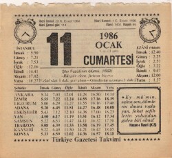 11 Ocak 1986 Takvim Yaprağı EFM(N)5029 - Gökçekoleksiyon