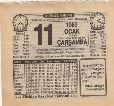 11 Ocak 1989 Takvim Yaprağı EFM(N)4719 - 1