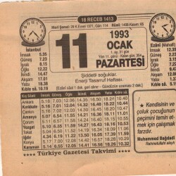 11 Ocak 1993 Takvim Yaprağı EFM(N)4843 - Gökçekoleksiyon