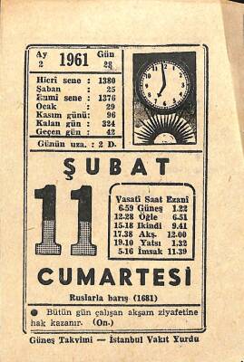 11 Şubat 1961 Takvim Yaprağı - Doğum Günü Hediyesi EFM(N)11234 - 1