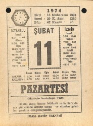 11 Şubat 1974 Takvim Yaprağı - Doğum Günü Hediyesi EFM(N)12276 - Gökçekoleksiyon