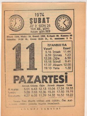 11 Şubat 1974 Takvim Yaprağı EFM(N)5250 - 1