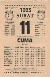 11 Şubat 1983 Takvim Yaprağı EFM(N)5391 - Gökçekoleksiyon