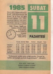 11 Şubat 1985 Takvim Yaprağı EFM(N)5137 - Gökçekoleksiyon