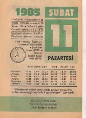 11 Şubat 1985 Takvim Yaprağı EFM(N)5137 - 1