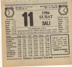 11 Şubat 1986 Takvim Yaprağı EFM(N)5222 - Gökçekoleksiyon