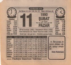 11 Şubat 1990 Takvim Yaprağı EFM(N)5194 - Gökçekoleksiyon
