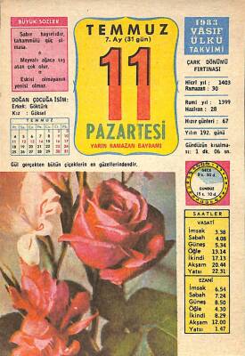 11 Temmuz 1983 Takvim Yaprağı - Doğum Günü Hediyesi EFM(N)9036 - 1