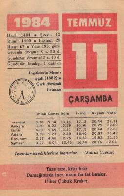 11 Temmuz 1984 Takvim Yaprağı EFM(N)1960 - 1