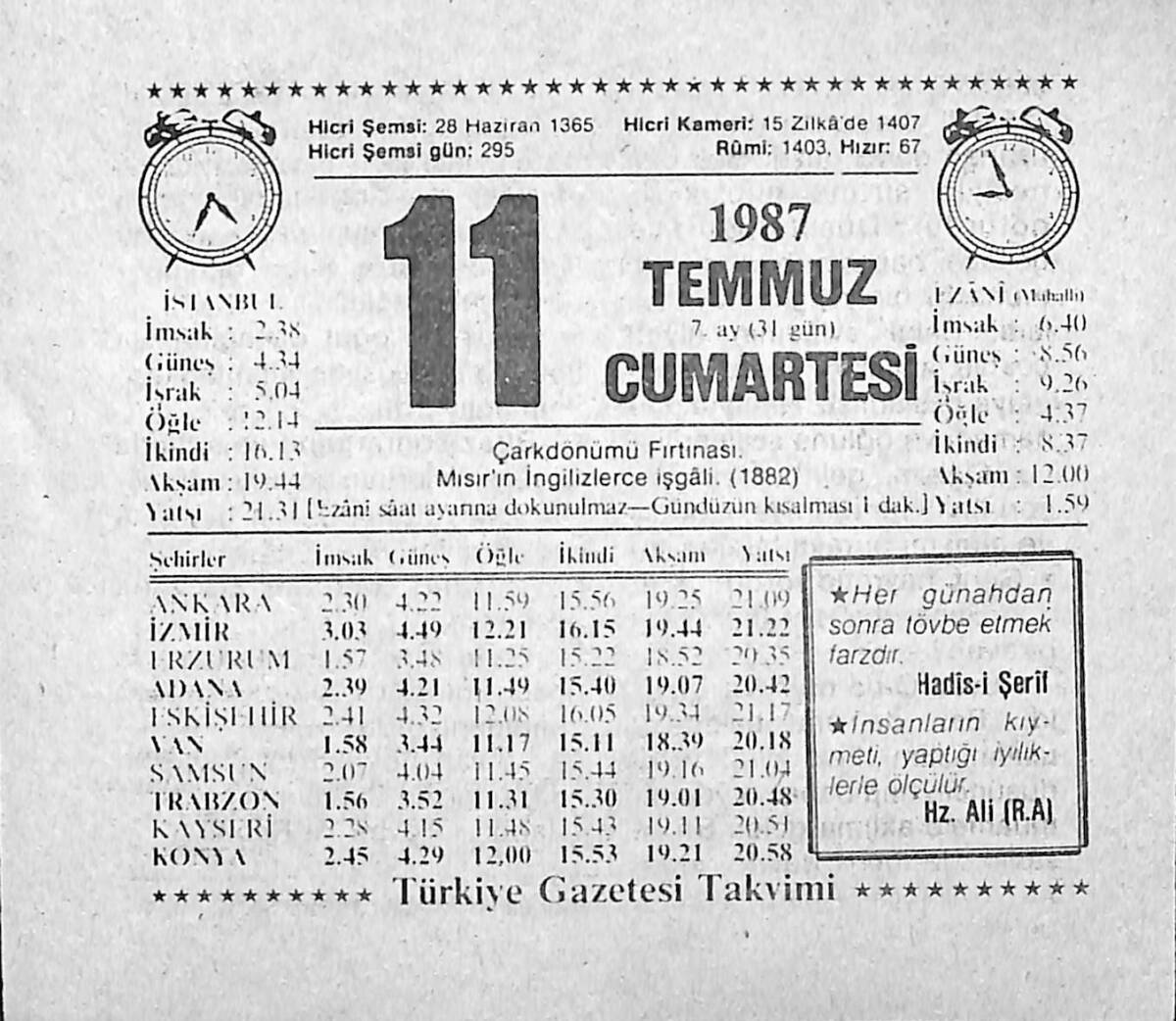 11 Temmuz 1987 Takvim Yaprağı - Doğum Günü Hediyesi EFMN13823 - 1
