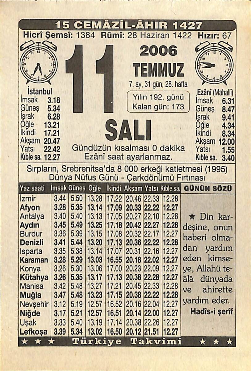 11 Temmuz 2006 Takvim Yaprağı - Doğum Günü Hediyesi EFMN15780 - 1