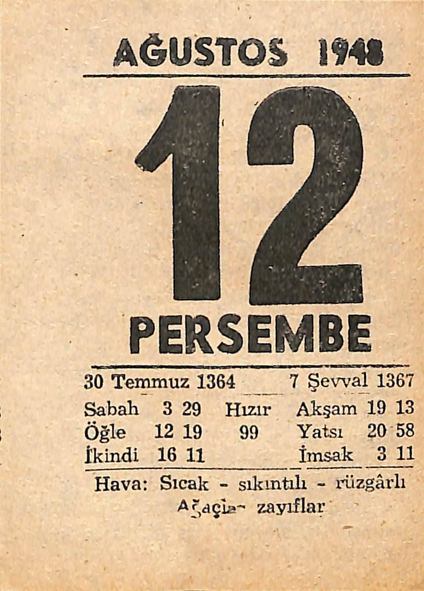 12 Ağustos 1948 Takvim Yaprağı - Doğum Günü Hediyesi EFMN14426 - 1