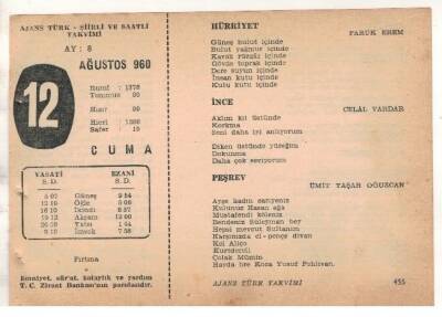 12 Ağustos 1960 Ajans Türk Takvim Yaprağı (Şiirli Saatli) EFM(N) 1690 - 3
