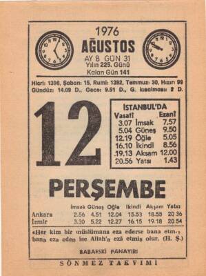 12 Ağustos 1976 Takvim Yaprağı EFM(N)2343 - 2