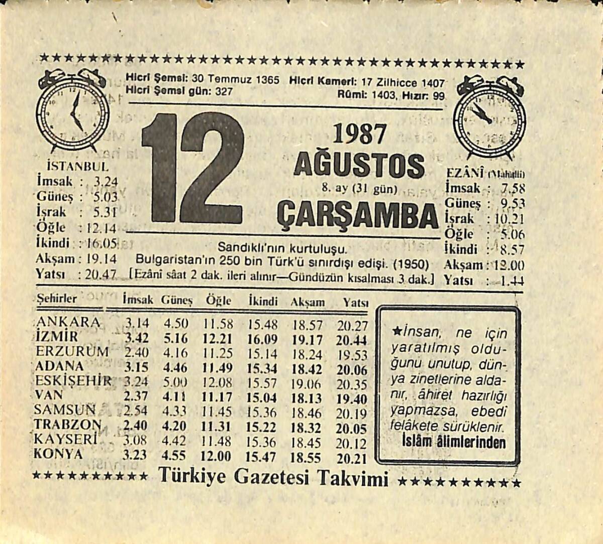 12 Ağustos 1987 Takvim Yaprağı - Doğum Günü Hediyesi EFMN13916 - 1