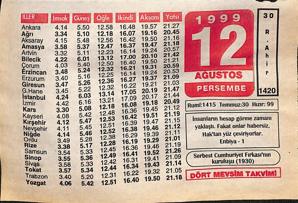 12 Ağustos 1999 Takvim Yaprağı - Doğum Günü Hediyesi EFMN14044 - 1
