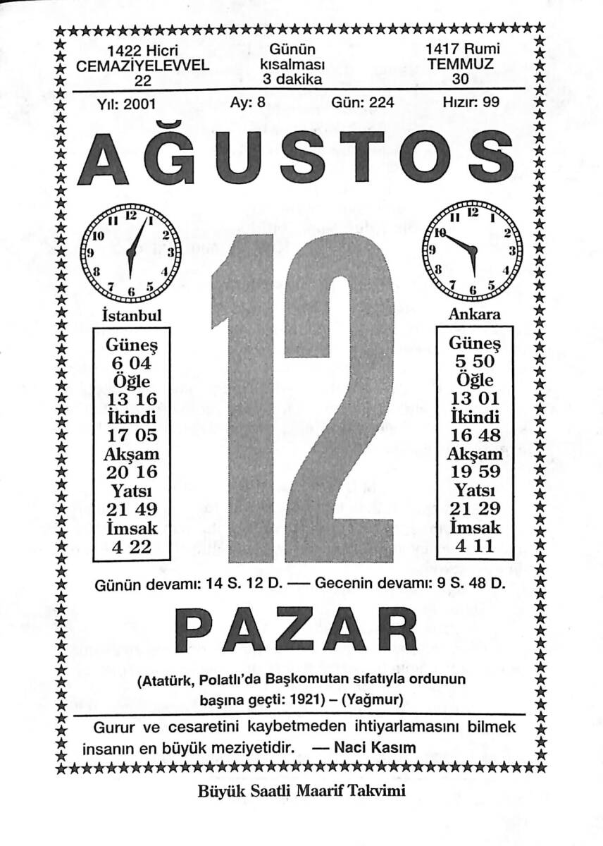 12 Ağustos 2001 Takvim Yaprağı - Doğum Günü Hediyesi EFMN14218 - 1