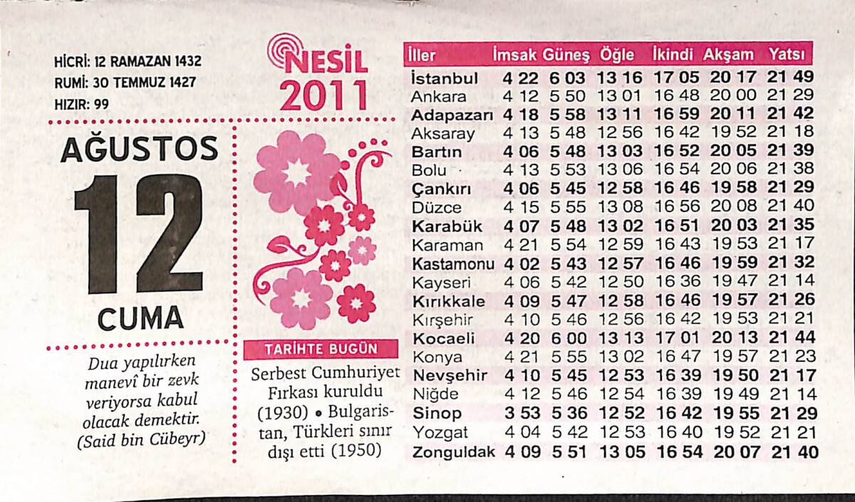 12 Ağustos 2011 Takvim Yaprağı - Doğum Günü Hediyesi EFMN14327 - 1