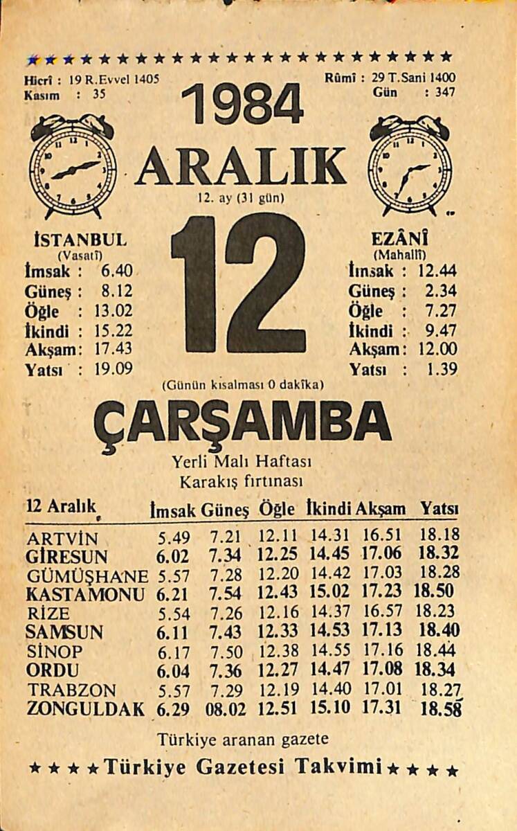 12 Aralık 1984 Takvim Yaprağı - Doğum Günü Hediyesi EFMN14512 - 1