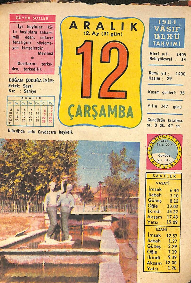 12 Aralık 1984 Takvim Yaprağı - Doğum Günü Hediyesi EFMN14770 - 1