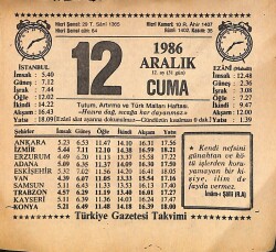 12 Aralık 1986 Takvim Yaprağı - Doğum Günü Hediyesi EFMN14861 - Gökçekoleksiyon