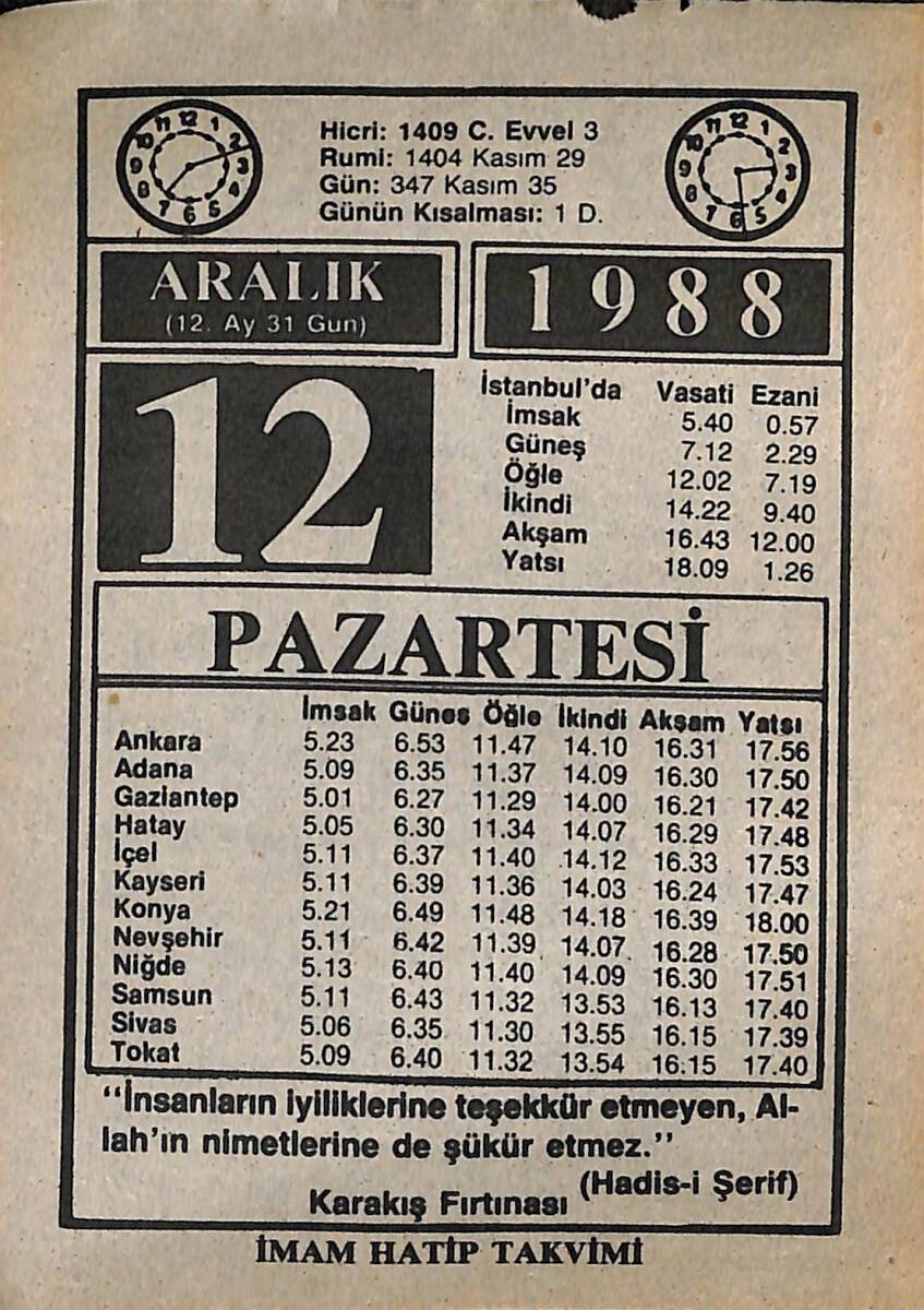 12 Aralık 1988 Takvim Yaprağı - Doğum Günü Hediyesi EFMN14588 - 1